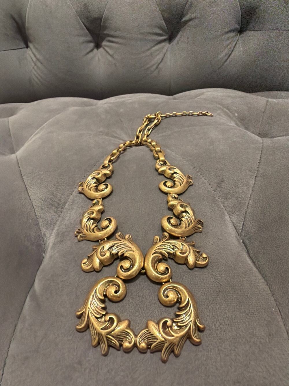 J.Crew Vintage Gold Tone Baroque Scroll Statement Necklace Acanthus Leaf Signed